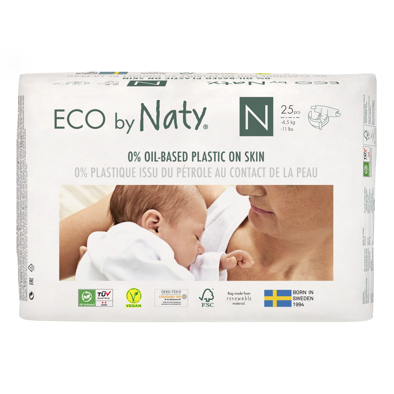 Подгузники для новорожденных, Размер 0, рекомендуемый вес 2-2,5 кг, Eco by Naty, 25 шт