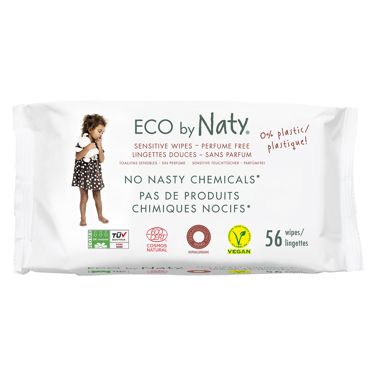 Салфетки влажные детские, без запаха, Eco by Naty, 56 шт